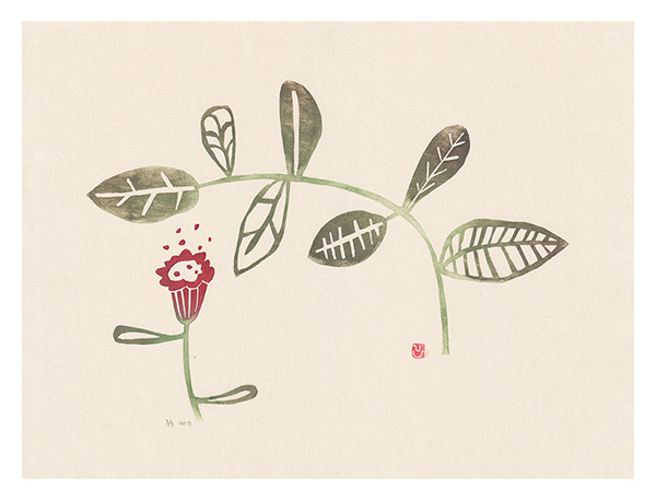 Mariko Jesse X  Trumpet Flower and Leaves 2017 12" x 6" Mokuhanga