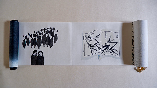 Borderless Scroll, Mokuhanga Sisters, 2021, 8 images joined scroll, images shown: Katie Baldwin and Yoonmi Nam