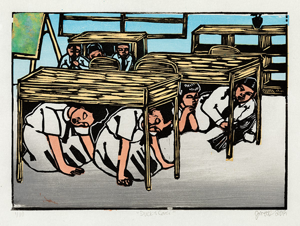 Jennifer Mack- Watkins   Duck and Cover 2019 9 x 12” mokuhanga
