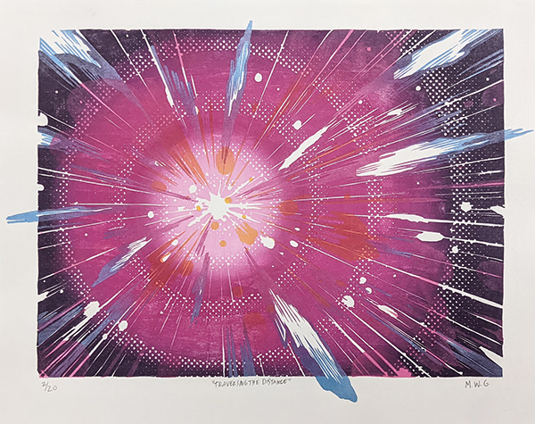 Matthew Willie Garcia, Traversing the Distance,  16" x 12.5", mokuhanga, 2022