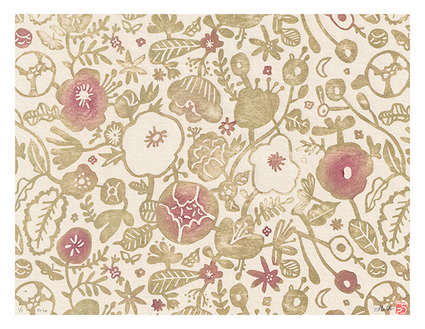 Mariko Jesse X  Night Garden (Green and Pink) 2020 10.5" x 8.5" Mokuhanga