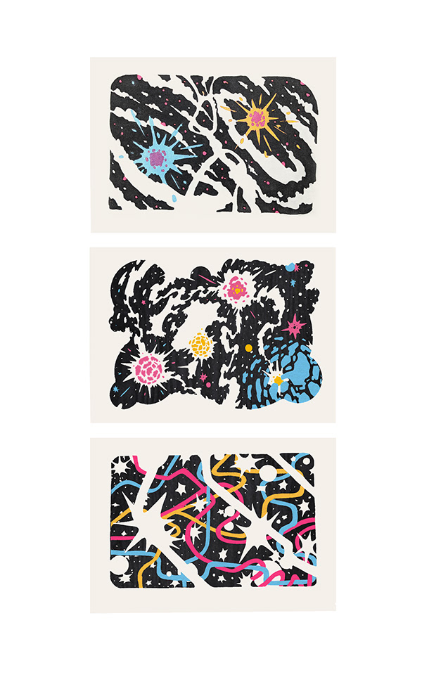 Matthew Willie Garcia   Of Star Stuff 2021 12 x 20” (total size of the three) mokuhanga