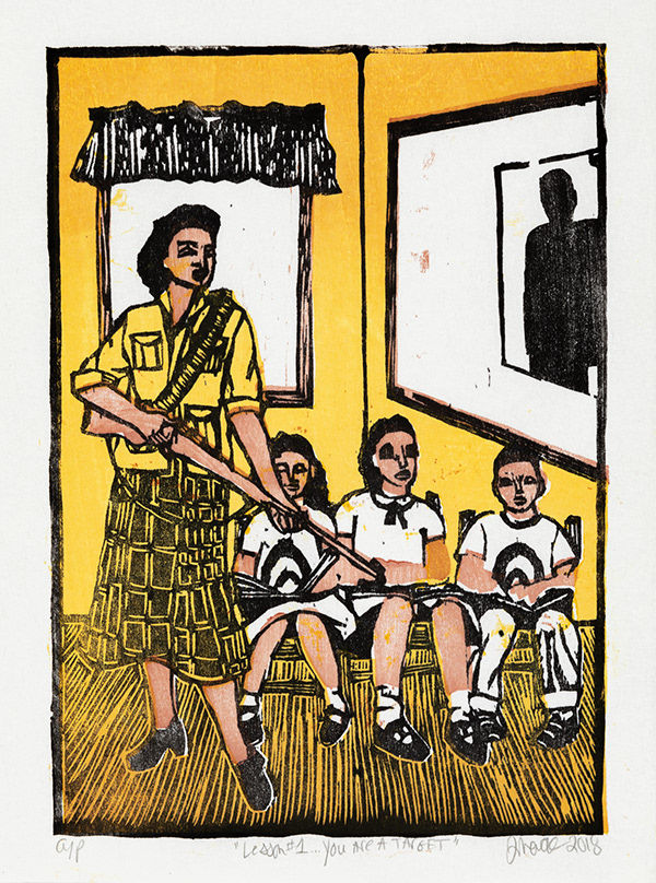 Jennifer Mack- Watkins   Lesson #1 You Are a Target 2019 9 x 12” mokuhanga