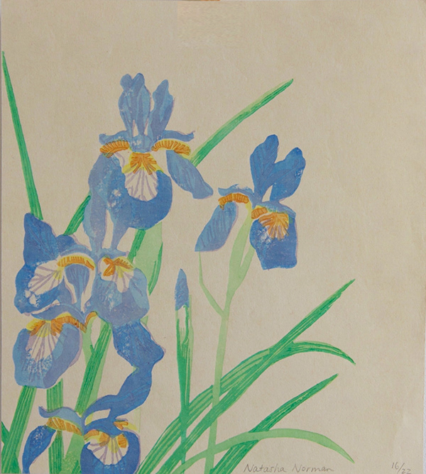 Natasha Norman, Iris (After Hokusai), 8.7" x 8", mokuhanga, 2017