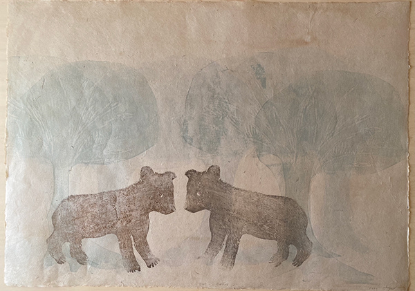 Ayao Shiokawa  Two Bears in the Woods 33.45 x 24.4 mokuhanga