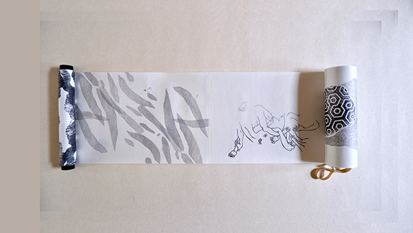 Borderless Scroll, Mokuhanga Sisters, 2021, 8 images joined scroll, images shown: Mia O and Lucy May Schofield