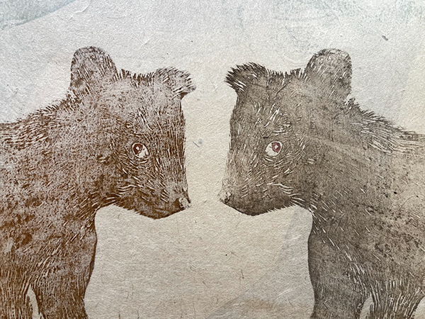 Ayao Shiokawa, detail Two Bears in the Woods 33.45 x 24.4 mokuhanga